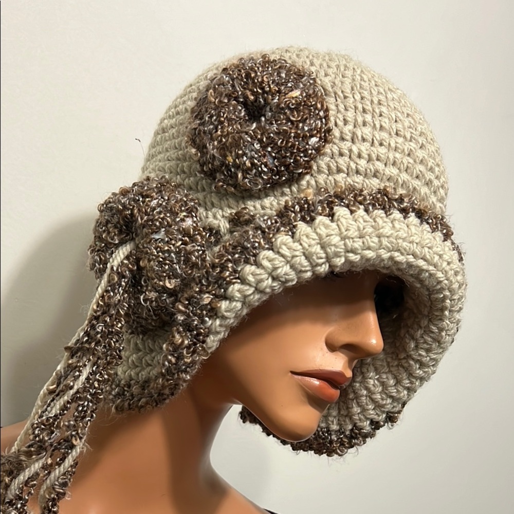 Handcrafted Beige and Brown Crochet Cloche Hat